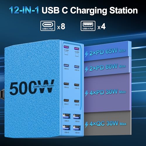Image of 500W USB C Charger Block, 12-Port USB C Charging Station for Multiple Devices, Leather Texture Dual PD 65W Laptop Fast Charger Compatible with MacBook Pro /Air, iPad, iPhone,Galaxy and More,Blue