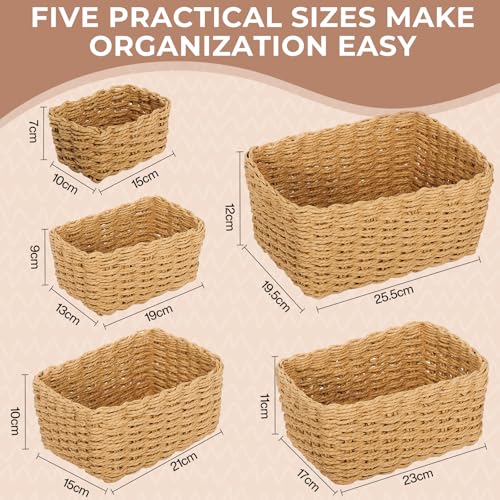 ZHHGOO 5er Set Aufbewahrungskorb Geflochten,Papierseil Braided Storage Basket,Stapelbare Speicher Storage Basket für Organisieren von Kleidung,Küchen,Badezimmer,Spielzeug Körbe Aufbewahrung