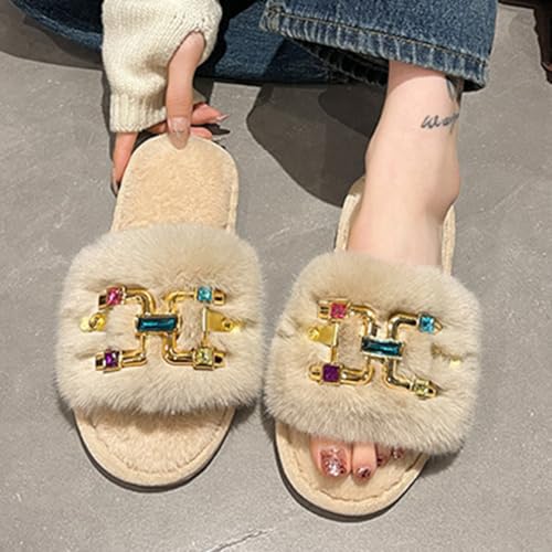 Womens Slides Fuzzy Fluffy Furry Open Toe Slippers with Multicolor Rhinestones Soft Flat Comfy Anti-Slip Spa Flip Flop House Shoes3