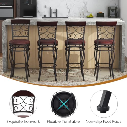 Butacos altos de bar de 30 pulgadas, juego de 2 unidades, giratorios 360 grados, estilo retro, con asiento y respaldo acolchados en cuero sintético, para cocina, bistró, pub y sala miniatura 4