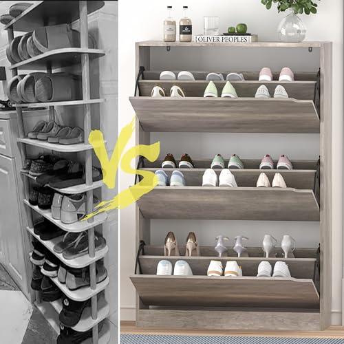 Image of HUANLEGO Grey Shoe Cabinet for Entryway with 3 Flip Drawers, 31.5 inch W | Hidden Shoe Rack for Entryway, Freestanding Shoe Storage for Hallway,, Living Room, Entrance Organizer Closet