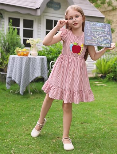 AWIBMK Girls Back to Shool Dress Ruffle Sleeve Apple Pencil Print A-line Summer Casual Kindergarten Preschool Prek Dress2