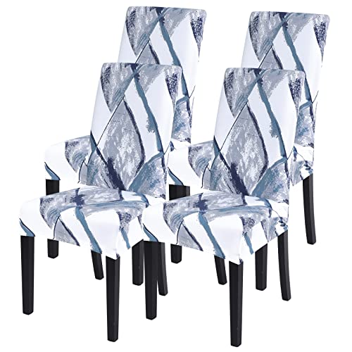 Image of SearchI Printed Dining Room Chair Covers Set of 4, Stretch Kitchen Chair Covers Washable Parsons Chair Slipcover Removable Dining Chair Protectors for Hotel,Ceremony(Blue /White)