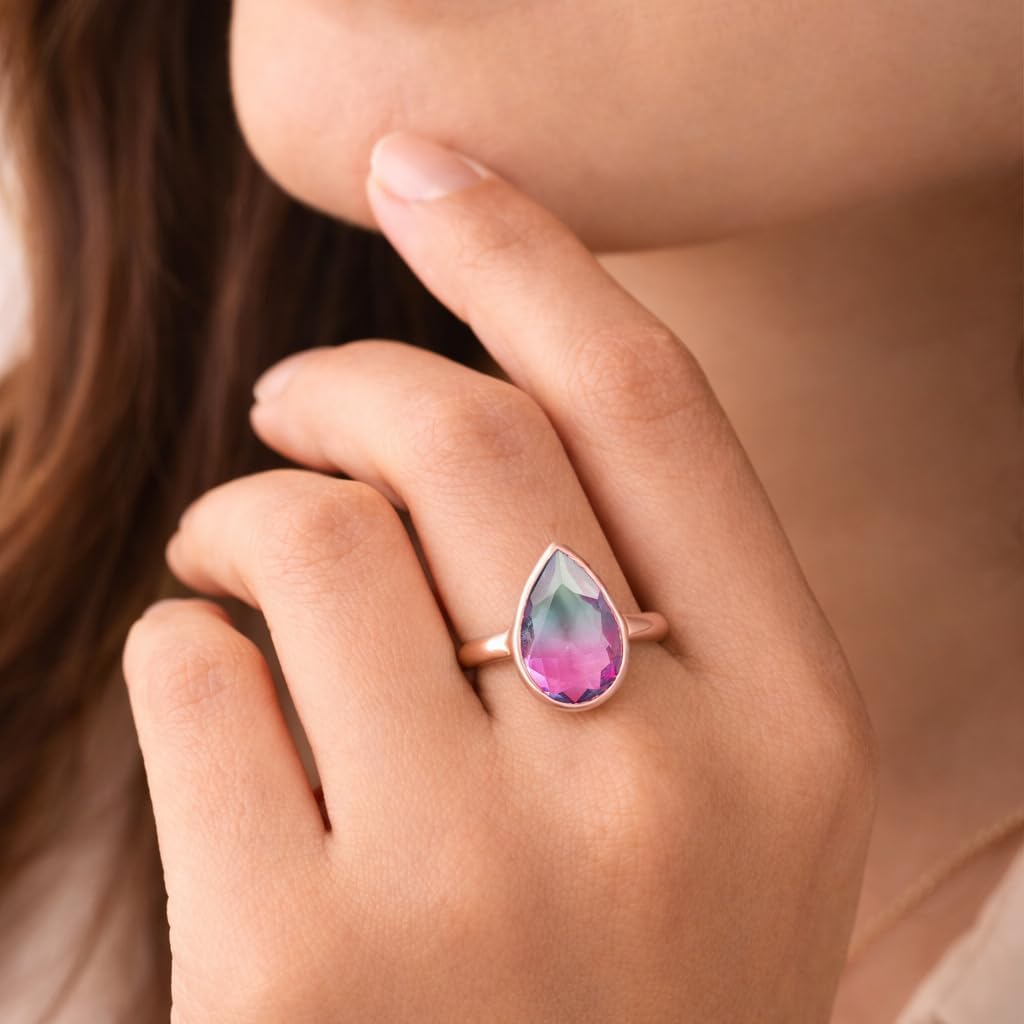 925 Sterling Silver Two Tone Tourmaline Color Rhinestone Ring for Women |18K Rose Gold Vermeil | Faceted Raindrop Cut Glass Stone Jewelry | Minimal Modern Statement Ring | Color Inspired Design