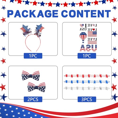 Girls 4th of July Outfit Toddler Girl American Flag Dresses Headband Hair Clips Necklaces Face Tattoos 2-8 Years2