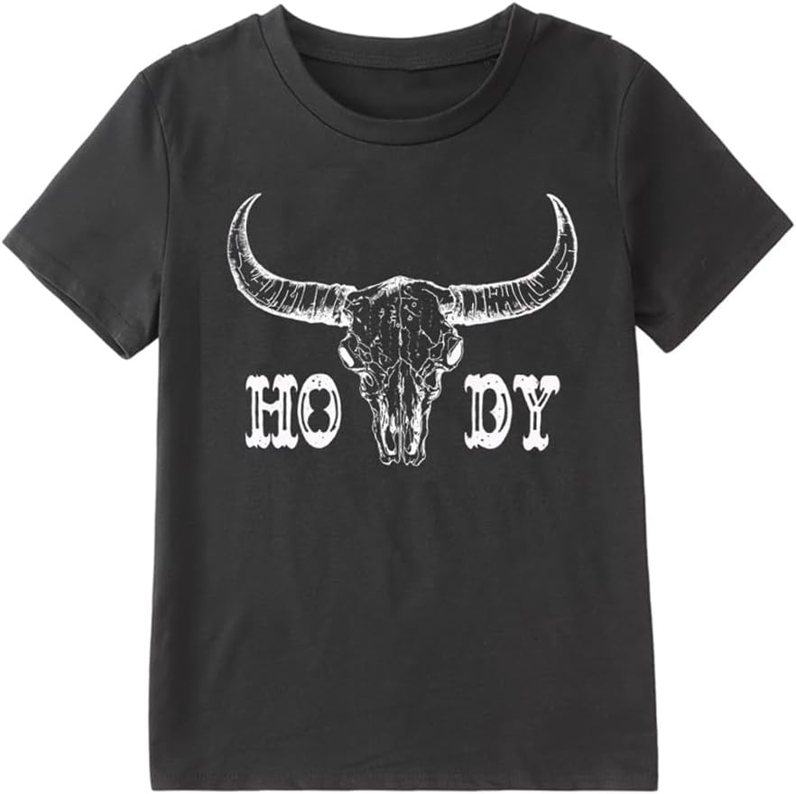 MODNTOGA Toddler Boy Rodeo Cow Skull Shirt Retro Howdy Graphic T-Shirt Western Cow Print Summer Tee Short Sleeve Cowboy Tops