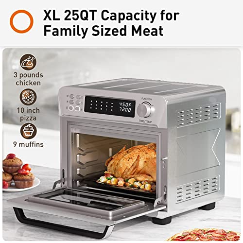 JOYOUNG Air Fryer Toaster Oven with 14 Preset Functions Convection Oven Oil-Less 25QT 1700W, Brushed Stainless Steel & Double Layer Glass, Free Recipes