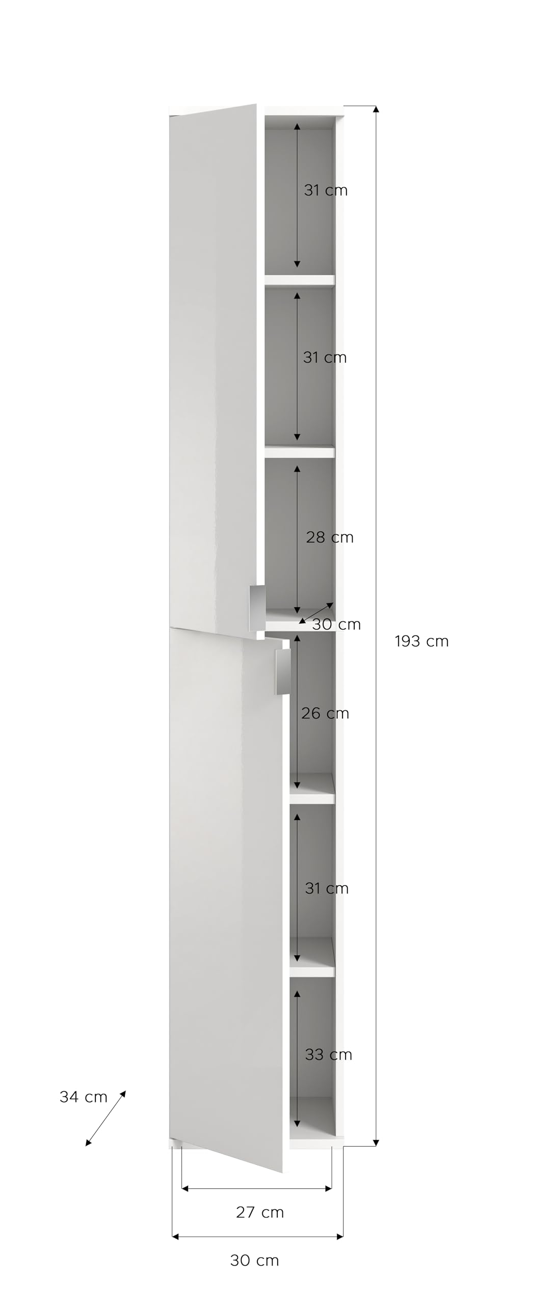 xonox.home - Hochschrank Projekt X 30x193x34 cm in weiß und weiß Hochglanz - Flurschrank Möbelstück Garderobenschrank - modern platzsparend und funktional einfache Montage – Bild 4