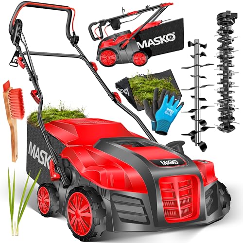 MASKO® Escarificador eléctrico 2 en 1, aireador de césped 1800W, 40 cm de ancho de trabajo, cesta de recogida de 55 l, eliminador de musgo, profundidad de trabajo ajustable en 5 etapas, rojo