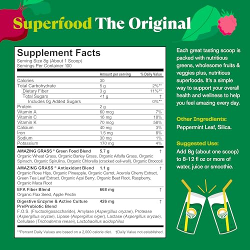 Amazing Grass Greens Superfood Powder: Greens Powder with Digestive Enzymes & Probiotics, Organic Spirulina, Chlorella, and Beet Root Powder, Original, 100 Servings - Image 5