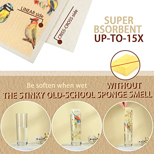 6 Pcs Swedish Kitchen Dishcloths Kitchen Towels, Absorbent Dish Towels, Reusable Sponge Cleaning Dish Cloths Quick Drying Washable Decorative Tea Towels No Odor Bar Hand Towel (Bird) #TOP2