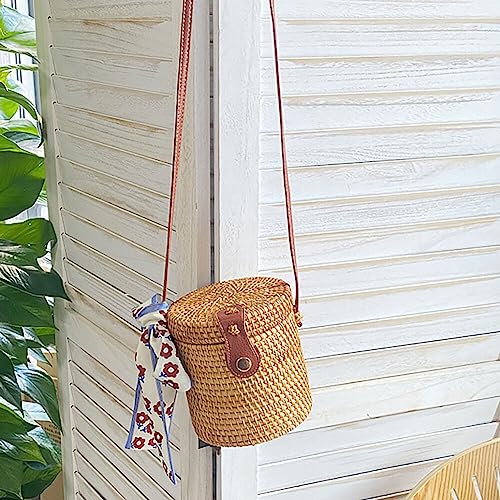 IKASEFU Bolsa de vime para mulheres com alças de couro natural chique bolsa transversal círculo, qua