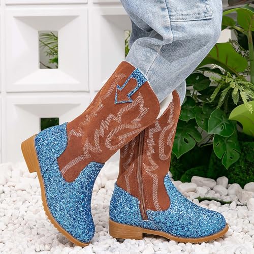 Girls Cowboy Boots Kids Toddler Glitter Western Cowgirl Boots Trendy Mid Calf Zipper Color Block Sparkly Riding Shoes4
