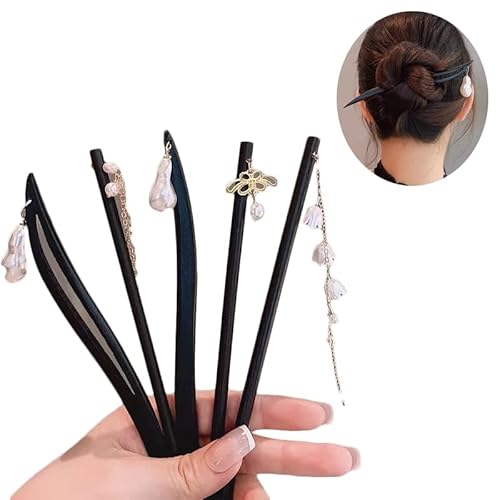 JARPSIRY 5 Pinzas Chinos de Madera para el Cabello, Palillos japoneses Vintage con borlas de Perlas, Horquillas para el Cabello Hechas a Mano de sándalo Negro para Mujeres y niñas Cover