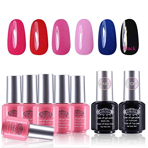 Perfect Summer UV LED Soak Off Gel Nail Polish Colors with Clear Base Coat and Top Coat Dual Set - Pack of 8, 8ml Each ( Starter Kit #01)