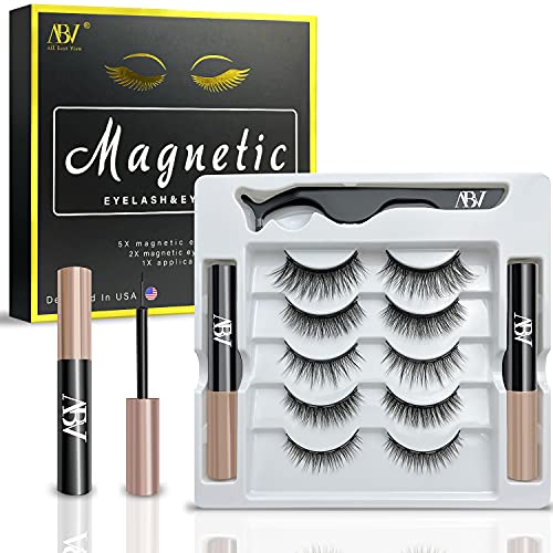 ABV Magnetic Eyelashes with Eyeliner Kit, 2021 Upgraded Eyelashes Magnetic Full Eye, 5 Pairs Reusable False Lashes, 2 Tubes of Magnetic Eyeliner with Tweezers Easy to Apply and No Glue Needed
