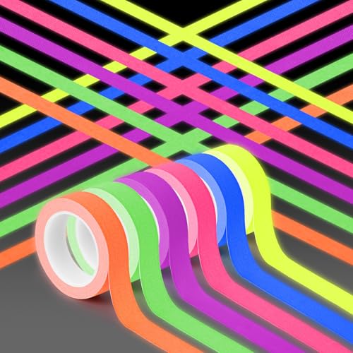 AYBUY Cinta adhesiva fluorescente, 6 Rollos Cinta de Neón 5 m/rollo x1.5 cm, Tape Fluorescente UV-Activa para Fiesta luz Negra, señalización, Carnaval y Manualidades, Adhesivo libre de residuos