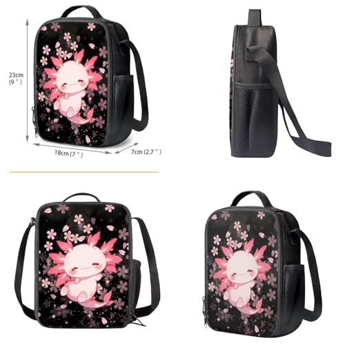Cherry Blossoms Axolotl Backpack for Girls 6-8 8-10 10-12 Kids School Bag with Lunch Box Pencil Case Elementary Kindergarten Preschool Bookbag Teen Schoolbag Water Bottle Sleeve3