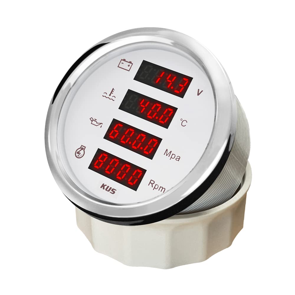 KUS Universal 85 mm digitales 4-in-1-Multifunktionsmessgerät Voltmeter Wassertemperatur Öldruck Drehzahlmesser für Boot Auto Motorrad