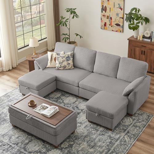 Image of Convertible Sectional Sofa with Storage Ottomans & Coffee Table, Modern Corduroy Fabric, U-Shaped Couch with Dual Ottomans Chaise & Long Bench, Sofa Set Couches for Living Room, Light Grey