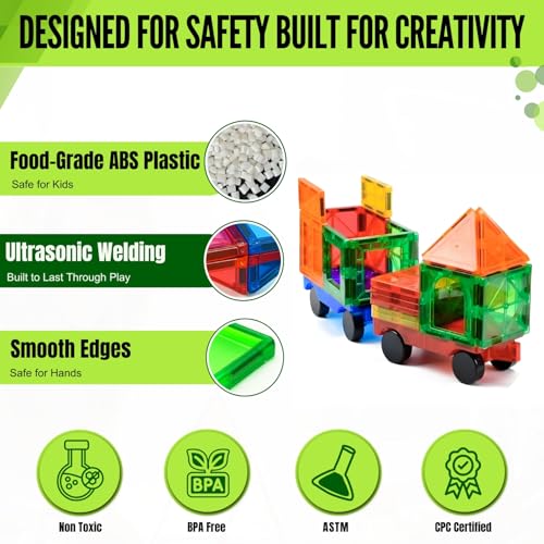 Image of Magnetic Tiles Set 180 PCS with 2 Cars Bases, STEM Educational Magnet Toys for Kids Ages 3-12, Magnetics for Kids & Preschool, Creative Magnetic Building Toys for Boys & Girls