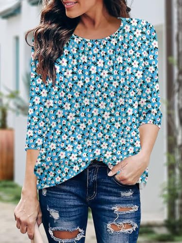 KISSMODA Tunic Tops for Women Loose Fit Dressy Round Neck Pleated 3/4 Length Sleeve Spring Tops