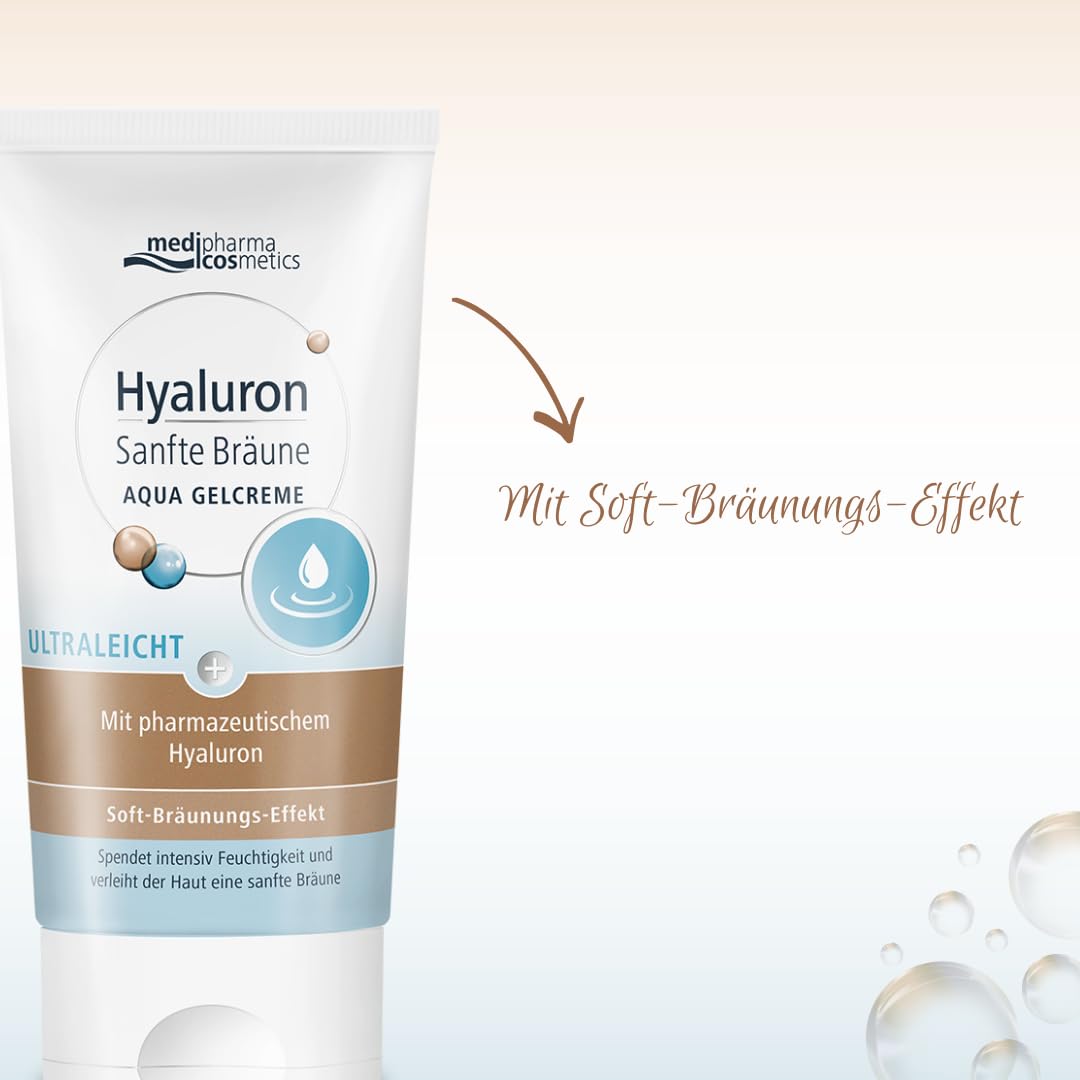 Hyaluron Sanfte Bräune Aqua Gelcreme - mit ultraleichter Textur und Bräunungseffekt - feuchtigkeitsspendend und pflegend - medipharma cosmetics - 150 ml