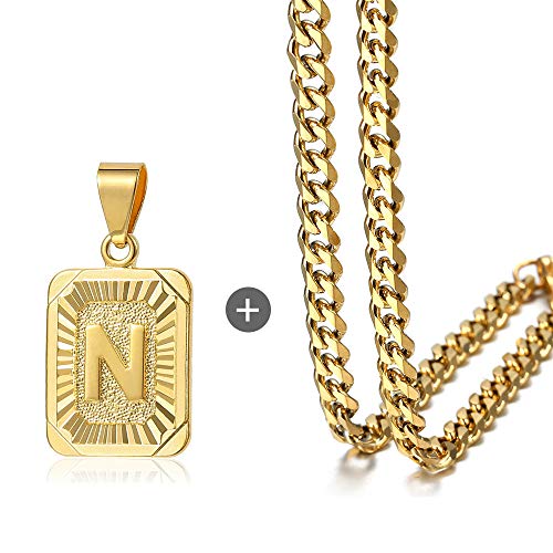 Trendsmax Square Letter Initial N Pendant Bundle With 5Mm Curb Cuban 24Inch Link Chain Necklace For Men Boys #TOP4
