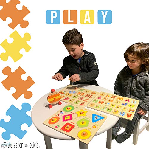 Wooden Peg Puzzles for Toddlers – (Pack of 3 with Stackable Learning Clock) Educational Preschool Puzzles for Toddlers 1 2 3 Year Old Kids Boys Girls Babies 12 18 36 Months Children Math Learning Set