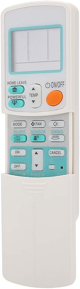 Close-up of the remote control with sliding cover open, revealing additional buttons