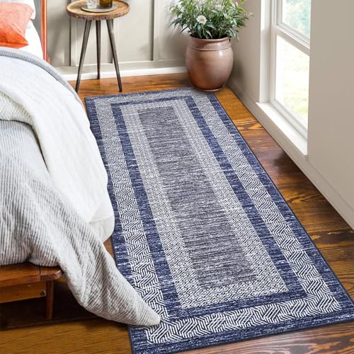 GarveeHome 2x6 Modern Bordered Runner Rug Soft Non Slip Runner Washable Non Shedding Floor Carpet, Distressed Geometric Hallway Runner, Indoor Printed Runner for Kitchen, Entrance, Blue