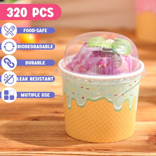 Image of Jingmore 160 Count Paper Ice Cream Cups with Clear Dome Lids Disposable Dessert Cups Bulk Dessert Bowls Sundae Containers for Snack Yogurt Soup Birthday Ice Cream Party Supplies (6 oz)
