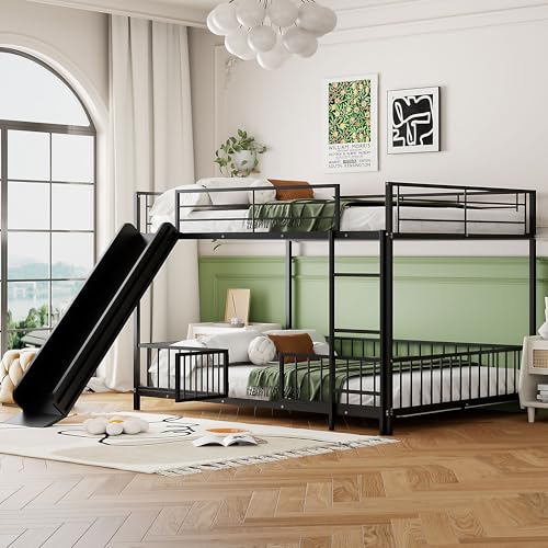 Image of Bellemave Full Over Full Bunk Bed with Slide and Ladder, Metal Low Bunk Bed for Kids, Girls, Boys, Removable Fence, with Door, Black
