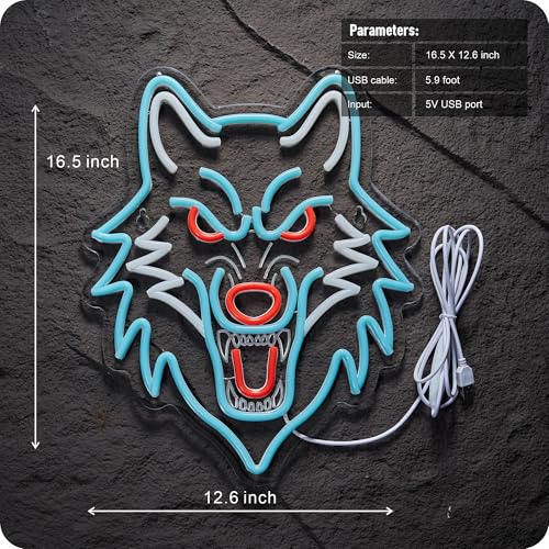 Image of Wolf Neon Sign Wolf LED Light USB Powered Dimmeable Animal Wall Decor Christmas Birthday Gifts for Boys Men Bedroom Living Room Man Cave Home Decoration (Blue Wolf)