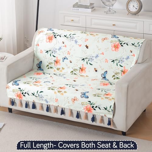 Image of HOKIPO Printed Holland Velvet Sofa Cover with Tassels for 2 Seater Sofa | Full Protection for Sofa Seat and Back | 'Whispers of Nature' (160x120 cm), Pastel Butterfly Meadow (IN-1126-D2)