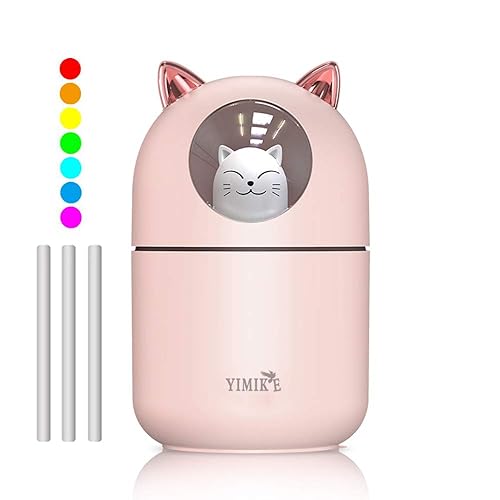 Portable Mini Humidifier,YIMIKE 300ml Small Cool Mist Humidifiers with Night Light,Waterless Auto Shut-Off,2 Mist Modes,Super Quiet Cute Pet USB Desk Humidifier for Baby Bedroom Office Home (Pink) - Pink