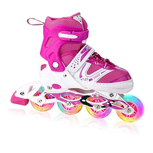 XRZT Children's Inline Skates for Kids, Adjustable Inline Skates with Full Light Up Wheels, Outdoor & Indoor Illuminating Roller Skates for Boys, Girls, Beginners, Medium Size. Pink …