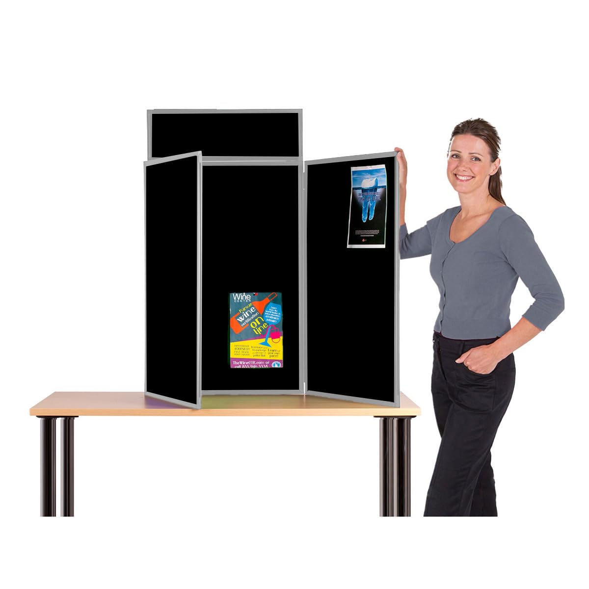 Wonderwall Desktop Exhibition 3 Panel Folding Display Panel Kit, Black Pinboard with Grey PVC Frame, Carry Bag, 100 Adhesive Tabs & Header -11 Colours - for Schools, Exhibitions, Venues