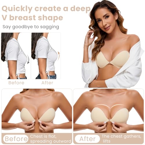Image of RELIRELIA Women's Sticky Self Adhesive Invisible Strapless Reusable Silicone Push Up Backless Bra