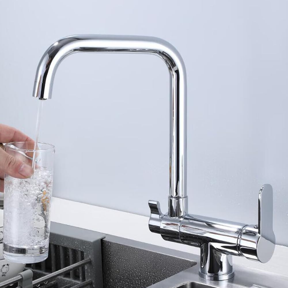 Folding Kitchen Tap 3 Way Kitchen Mixer Tap, 360° Swivel Spout 2 Handles Brass 3 in 1 Kitchen Taps-Chrome