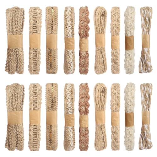 18 Rollen Vintage Bastelband, 2m Natürliche Juteband, Boho Deko Geschenkband Natur Stoffband Jute Band Rolle Sackleinenband für DIY Geschenke Verpackung Weihnachten Hochzeit Party Basteln