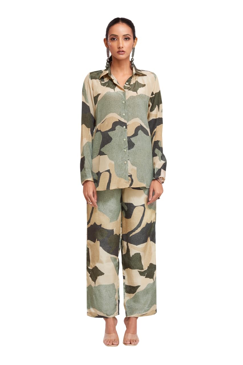 rangposhak Trendy Women's Co-Ord Set, Multi Color Camouflage Print, Crepe Fabric, Long Sleeve Button-Down Top with Wide Leg Pants, Ready to Wear-picture-20