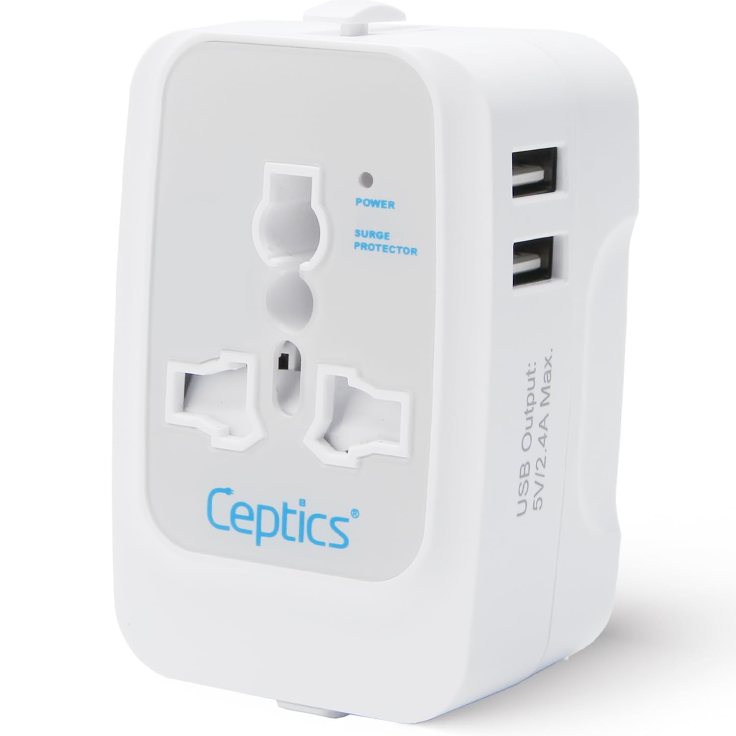 Ceptics Universal Charger Adapter, 3 in 1 Universal Travel Adapter All in One, Universal Travel Accessories 2 USB 2.4A, 100-250 Voltage Travel Charger, International Travel Adapter, White