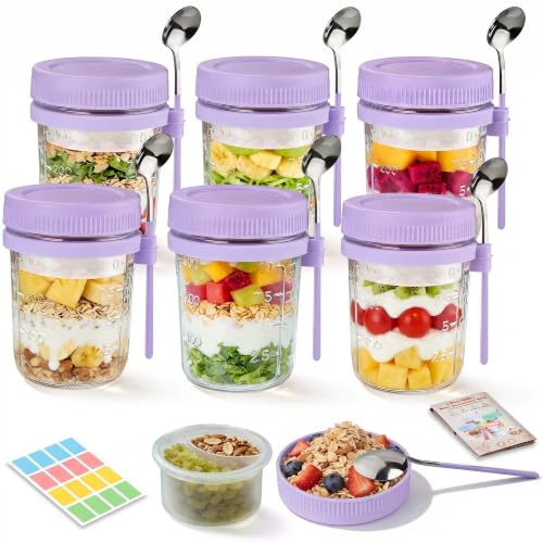 Image of 6 Pack Purple Overnight Oats Containers with Lids and Spoon - 16 oz Glass Mason Jars with Dressing Divider, Leakproof Chia Yogurt Parfait Cups for Oatmeal Cereal Meal Prep Sugar Packet Holders