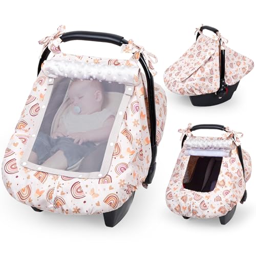Image of FIOBEE Baby Car Seat Cover, Car Seat Covers for Babies Infant Car Seat Canopy with Breathable Mesh Window Waterproof Carseat Cover for Babies Boy Girl 4 Seasons, Brown Rainbow
