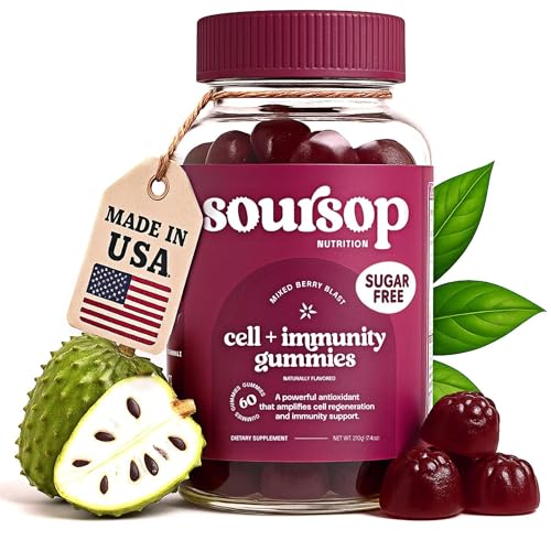 Image of Soursop Graviola Gummies - Sugar Free Soursop Gummies with Vitamin C, Zinc - Digestive Aid, Immune Support & Antioxidants - Made from Soursop Leaves - Sour SOP Supplement for Adults - (Berry 1-Pack)