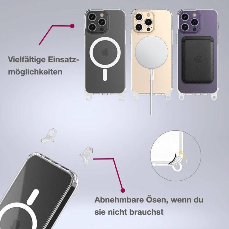 Coque de protection transparente avec œillets amovibles chaîne téléphone