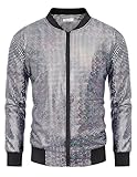 COOFANDY Men's Metallic Jacket 108s Disco Dance Party Costume Shiny Varsity Zipper Baseball Bomber Jacket,Sequined Laser Silver,M