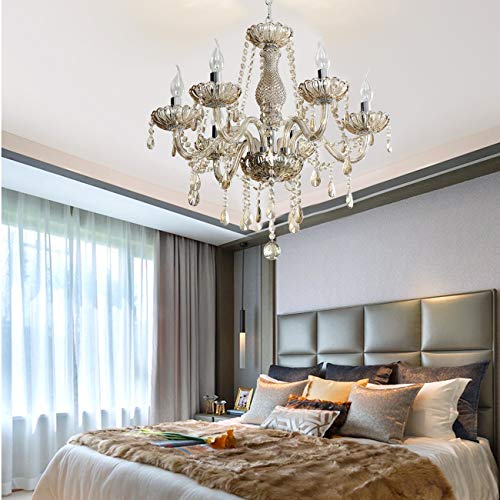 Ridgeyard Cognac(Shampane) Color E12 Bulbs Crystal Candle Style Chandelier Ceiling Lighting Pendant Luxury Romantic Lamp for Living Room Dining Room Bedroom Hall Balcony (6-Lights)