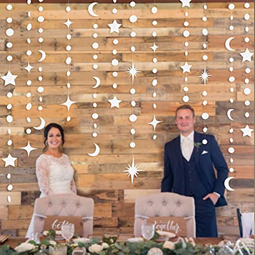 Image of White Star Moon Party Decorations Hanging Circle Dot Garland Crescent Twinkle Little Star Streamer Bunting Banner for Wedding Engagement Anniversary Bridal Shower Celestrial Birthday Decor Supplies